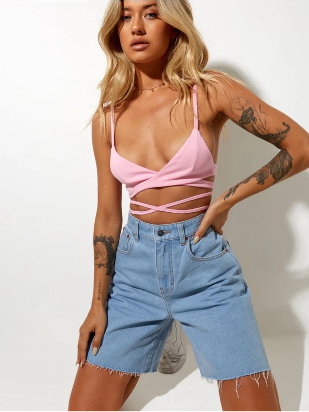 Motel Rocks Pastel Pink Wrap Crop Top with Crisscross Straps